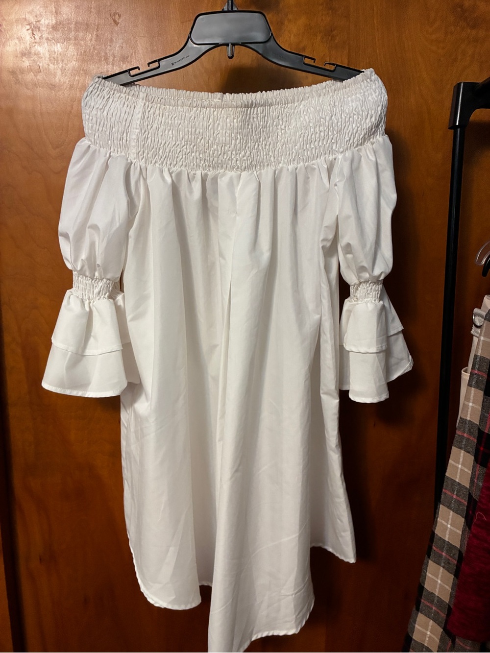 White boho off the shoulder dress with ruffle cuff sleeves Large